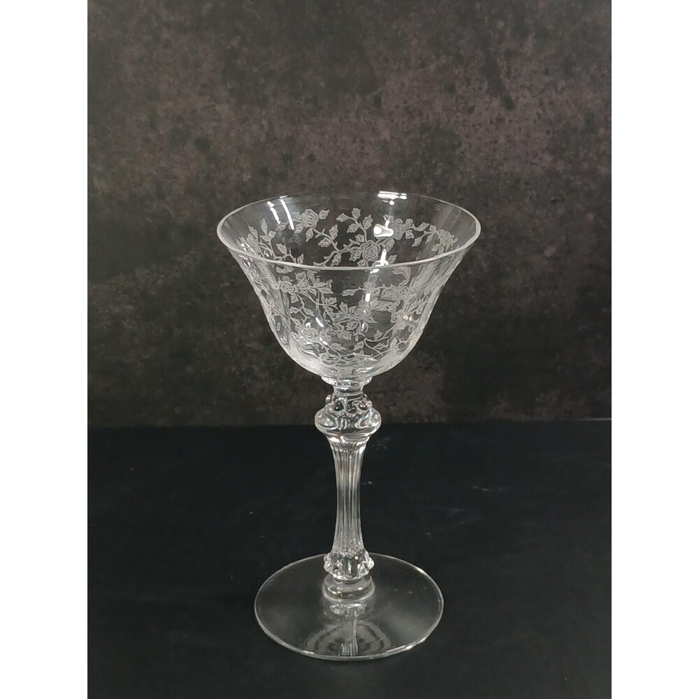 Etched Rose Vines Crystal Goblet 6.375" Tall 3.5" Rim Vintage Floral Stemware